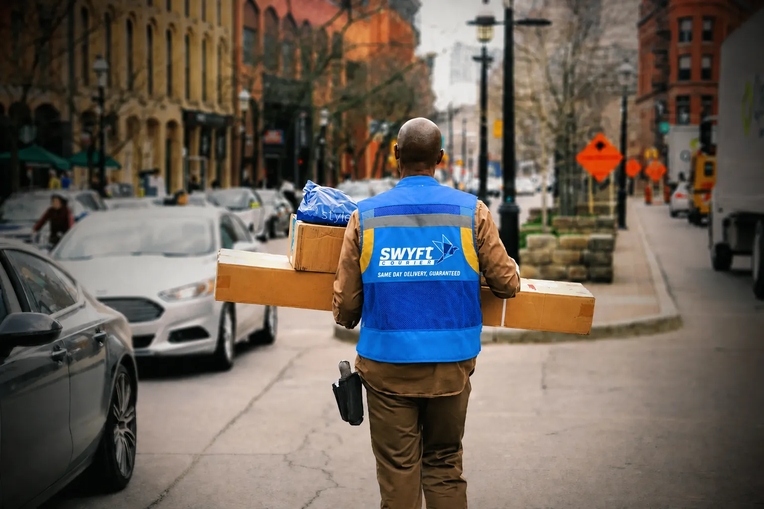 Swyft Courier driver in branded vest carrying parcels on a downtown street